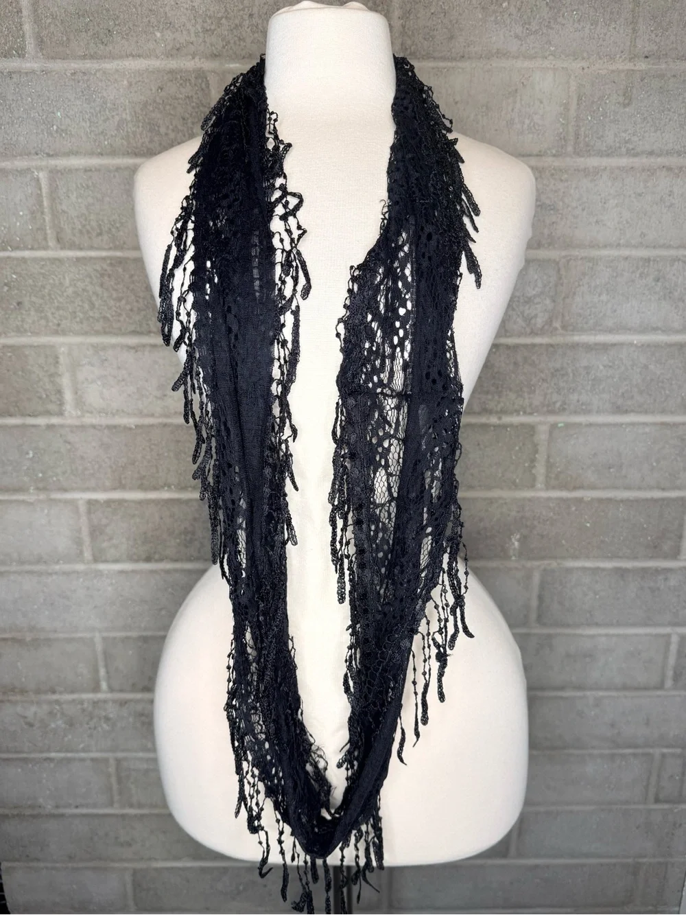 Black Lace Infinity Scarf Fringe Sheer Boho Gothic Festival Lightweight Wrap OS